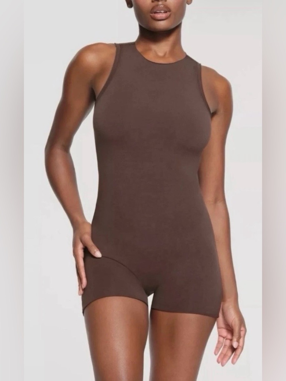 SKIMS RAW EDGE OPEN BACK ONESIE ROMPER, BROWN, SIZE S.